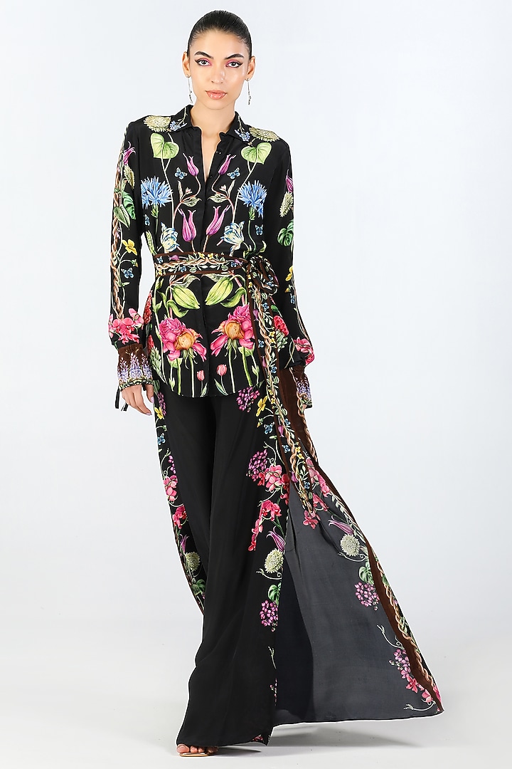 Black Crepe Placement Printed Pants by Limerick By Abirr N' Nanki at Pernia's Pop Up Shop