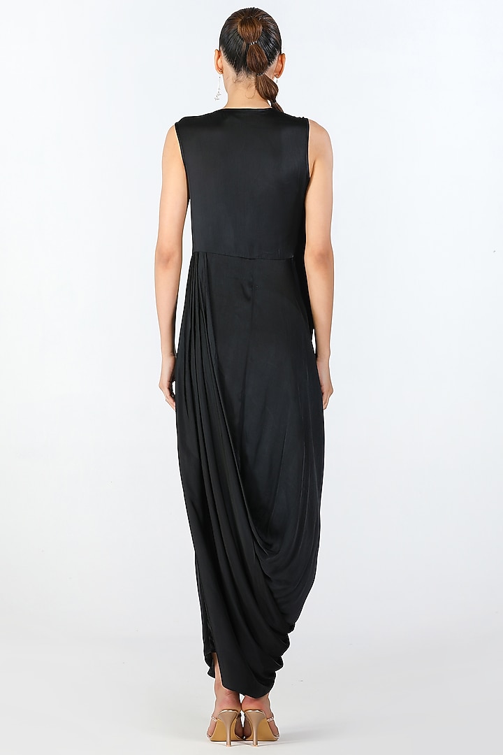 Black Scallop Textured Satin Printed Draped Jacket Cocktail Dress by Limerick By Abirr N' Nanki at Pernia's Pop Up Shop