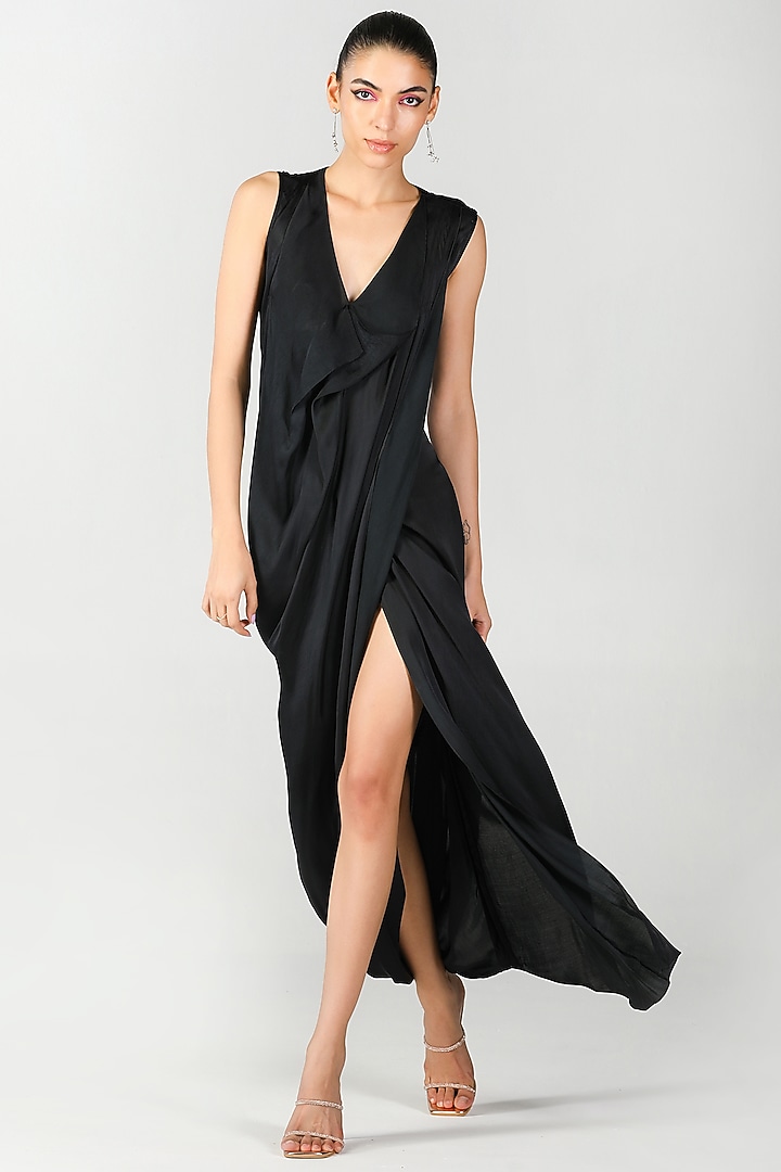 Black Scallop Textured Satin Printed Draped Jacket Cocktail Dress by Limerick By Abirr N' Nanki at Pernia's Pop Up Shop