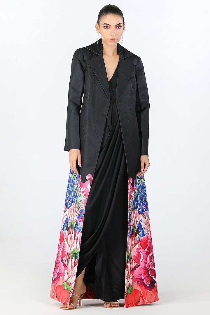 Black Scallop Textured Satin Printed Draped Jacket Cocktail Dress by Limerick By Abirr N' Nanki at Pernia's Pop Up Shop