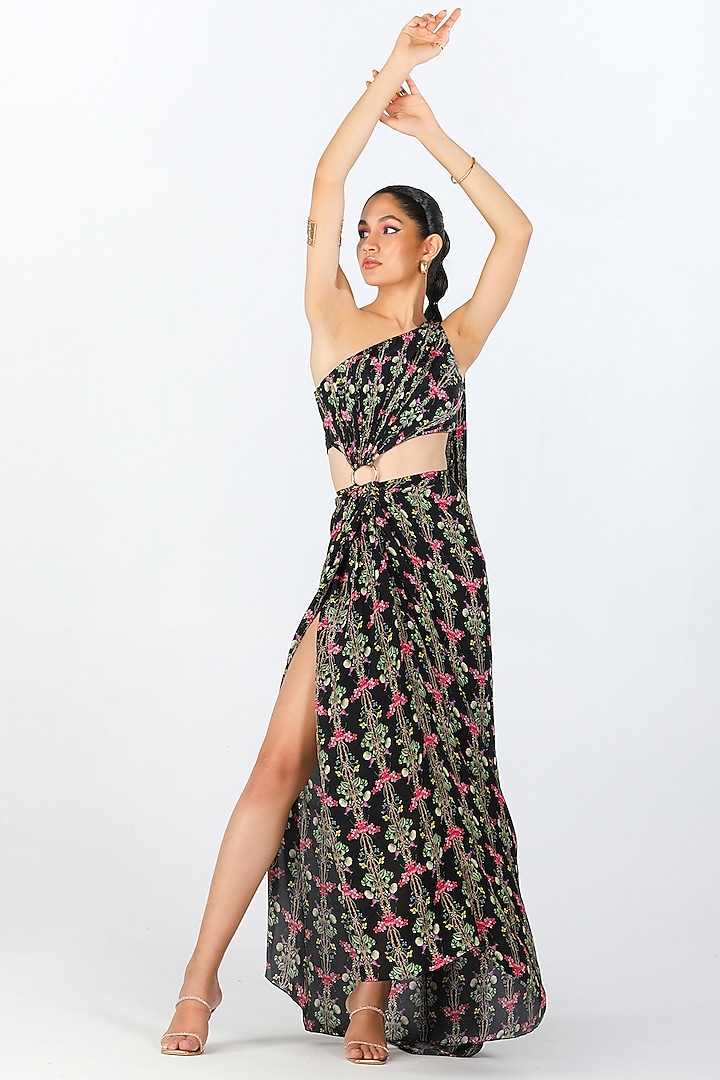 Black Crepe Floral Printed Draped Dress by Limerick By Abirr N' Nanki at Pernia's Pop Up Shop