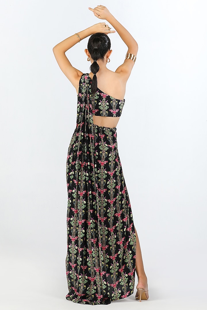 Black Crepe Floral Printed Draped Vacation Dress by Limerick By Abirr N' Nanki at Pernia's Pop Up Shop
