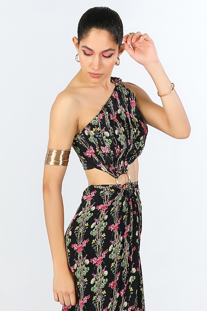 Black Crepe Floral Printed Draped Vacation Dress by Limerick By Abirr N' Nanki at Pernia's Pop Up Shop