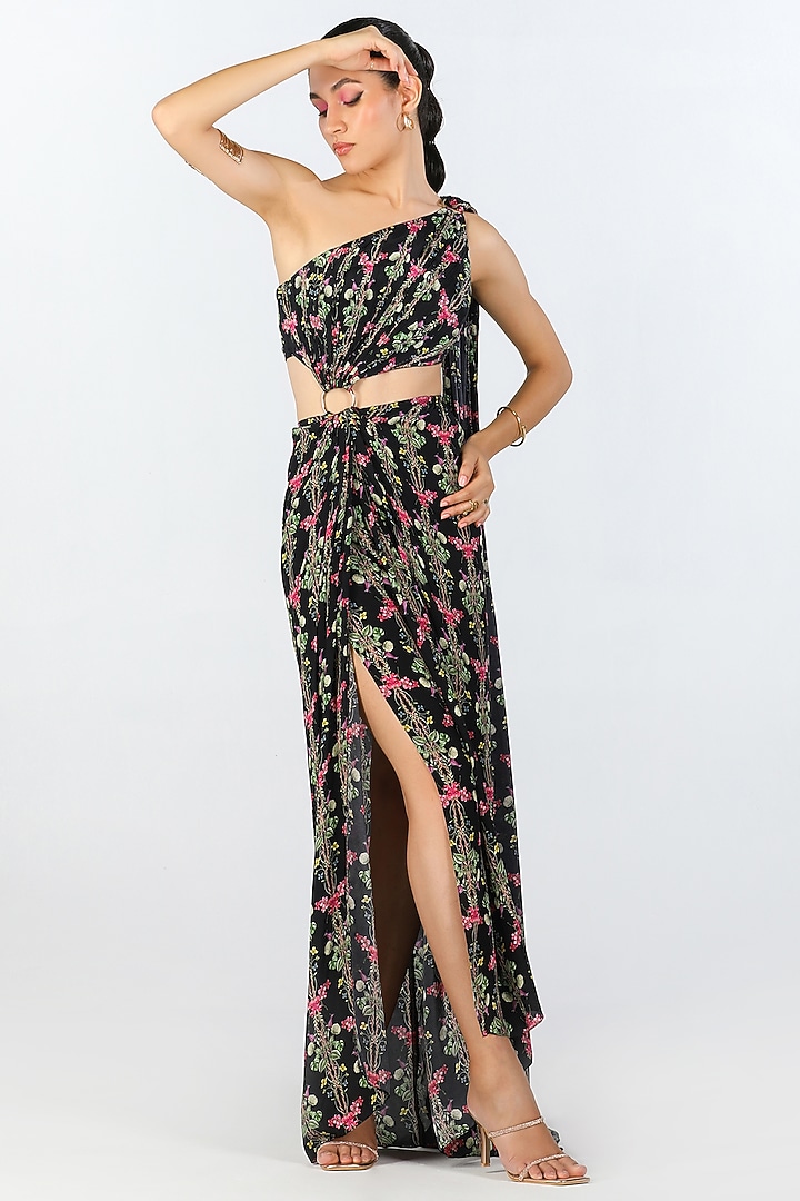 Black Crepe Floral Printed Draped Vacation Dress by Limerick By Abirr N' Nanki at Pernia's Pop Up Shop