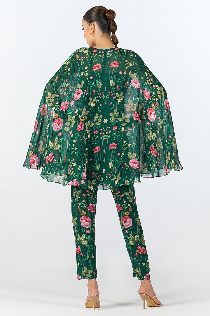 Emerald Green Georgette Hand Embroidered & Printed Tunic Set by Limerick By Abirr N' Nanki at Pernia's Pop Up Shop