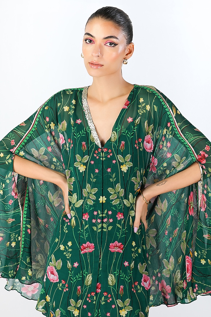 Emerald Green Georgette Hand Embroidered & Printed Tunic Set by Limerick By Abirr N' Nanki at Pernia's Pop Up Shop