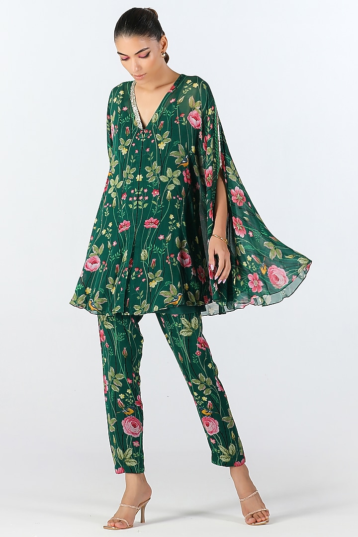 Emerald Green Georgette Hand Embroidered & Printed Tunic Set by Limerick By Abirr N' Nanki at Pernia's Pop Up Shop