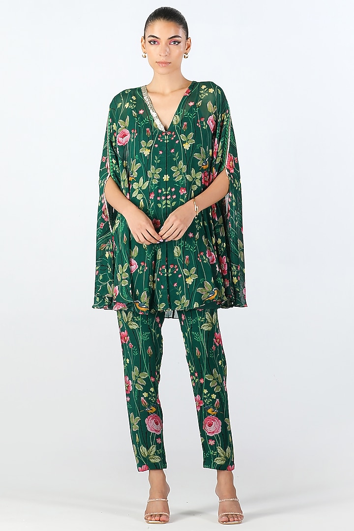 Emerald Green Georgette Hand Embroidered & Printed Tunic Set by Limerick By Abirr N' Nanki at Pernia's Pop Up Shop