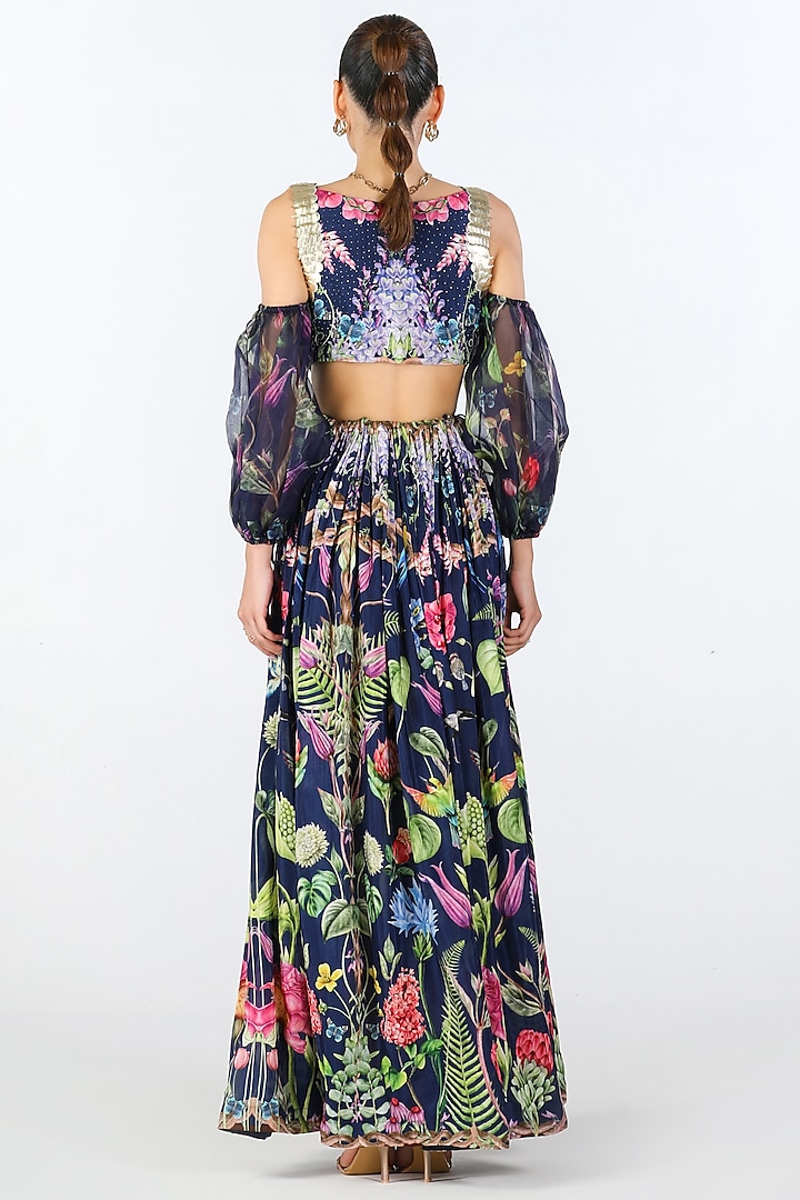 Navy Habutai Silk & Organza Printed Cold Shoulder Party Wear Gown by Limerick By Abirr N' Nanki at Pernia's Pop Up Shop