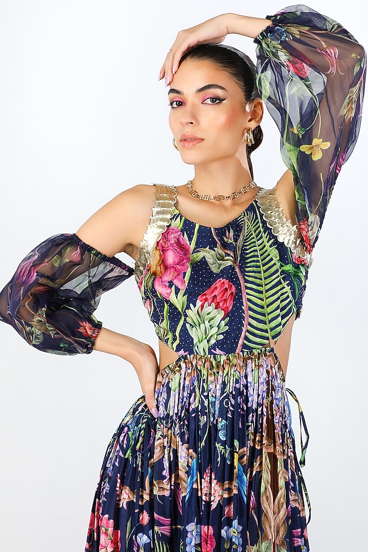 Navy Habutai Silk & Organza Printed Cold Shoulder Party Wear Gown by Limerick By Abirr N' Nanki at Pernia's Pop Up Shop