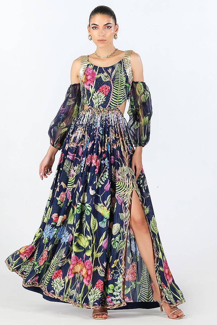 Navy Habutai Silk & Organza Printed Cold Shoulder Party Wear Gown by Limerick By Abirr N' Nanki at Pernia's Pop Up Shop