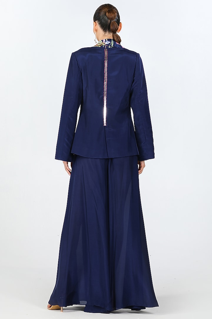 Navy Crepe & Habutai Silk Embroidered & Printed Blazer by Limerick By Abirr N' Nanki at Pernia's Pop Up Shop