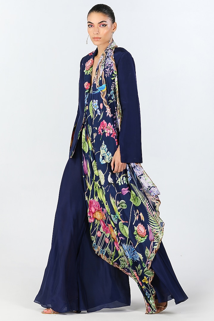 Navy Crepe & Habutai Silk Embroidered & Printed Blazer by Limerick By Abirr N' Nanki at Pernia's Pop Up Shop