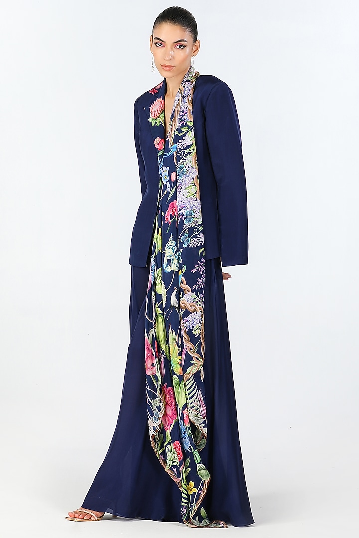 Navy Crepe & Habutai Silk Embroidered & Printed Blazer by Limerick By Abirr N' Nanki at Pernia's Pop Up Shop