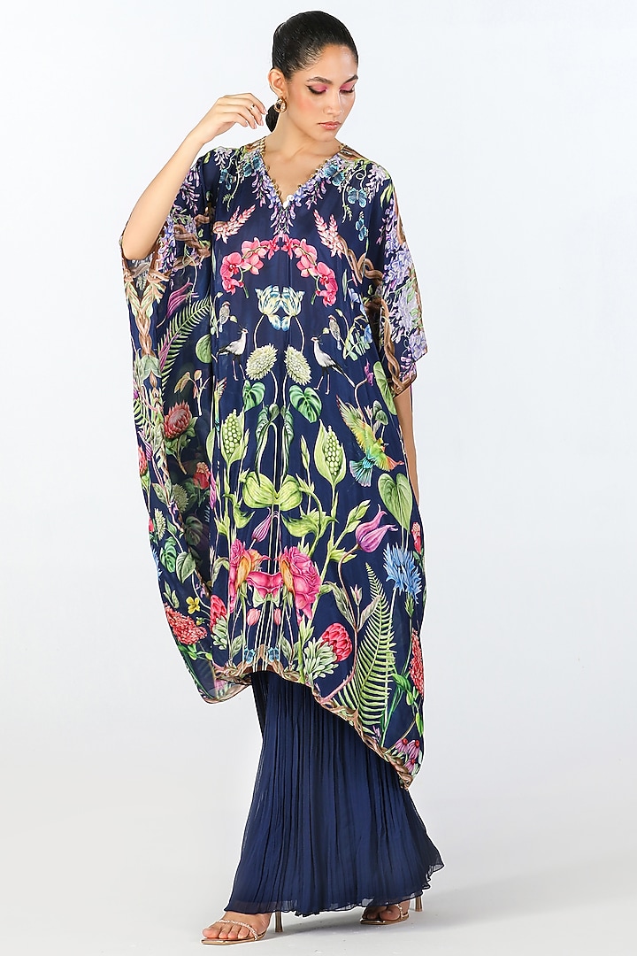 Black Habutai Silk & Georgette Hand Embroidered & Printed Tunic Set by Limerick By Abirr N' Nanki at Pernia's Pop Up Shop