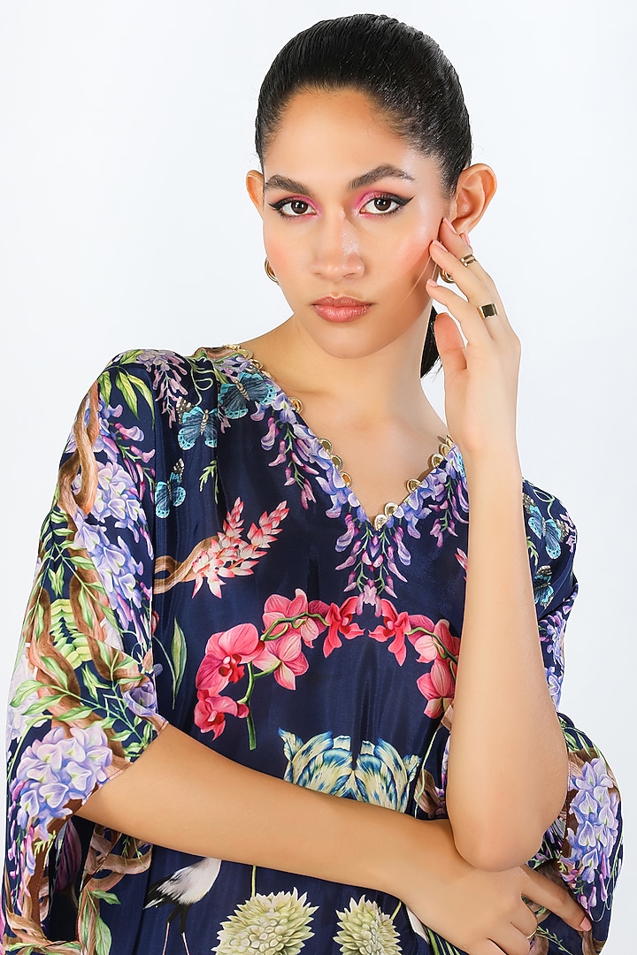 Black Habutai Silk & Georgette Hand Embroidered & Printed Tunic Set by Limerick By Abirr N' Nanki at Pernia's Pop Up Shop