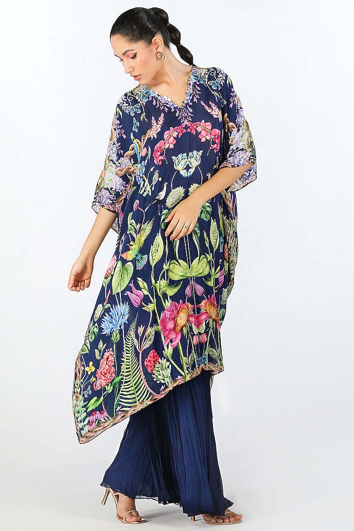 Black Habutai Silk & Georgette Hand Embroidered & Printed Tunic Set by Limerick By Abirr N' Nanki at Pernia's Pop Up Shop