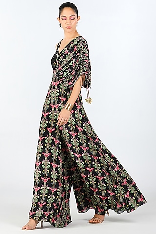 Black Crepe Printed & Embroidered Jumpsuit by Limerick By Abirr N' Nanki