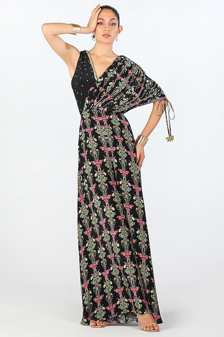 Black Crepe Printed & Embroidered Jumpsuit by Limerick By Abirr N' Nanki at Pernia's Pop Up Shop