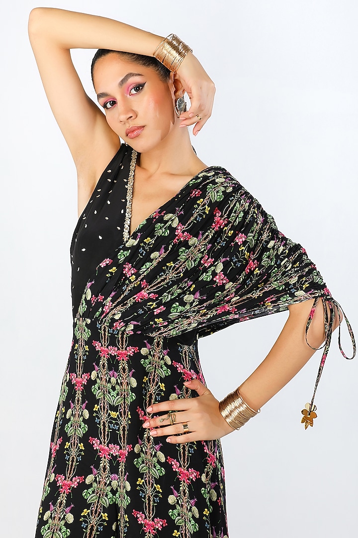 Black Crepe Printed & Embroidered Jumpsuit by Limerick By Abirr N' Nanki at Pernia's Pop Up Shop