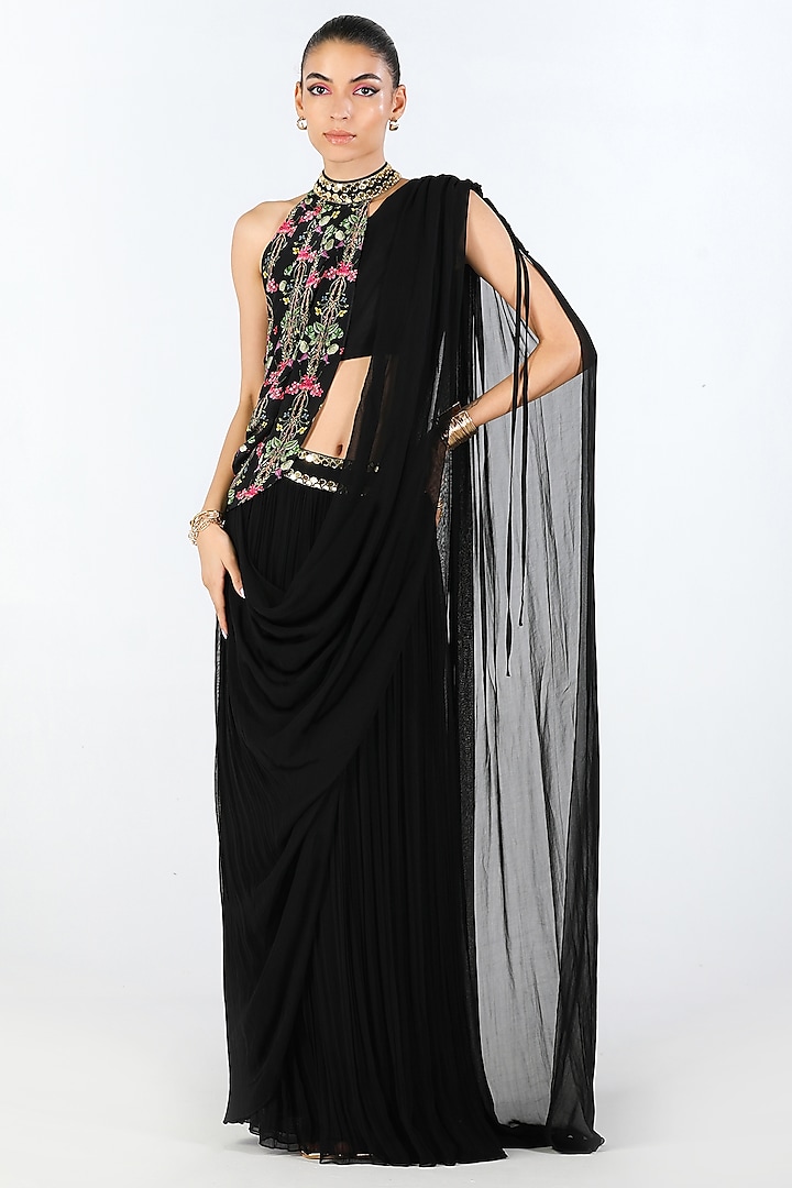 Black Georgette Hand Embroidered Pre-Draped Jacket Saree Set by Limerick By Abirr N' Nanki