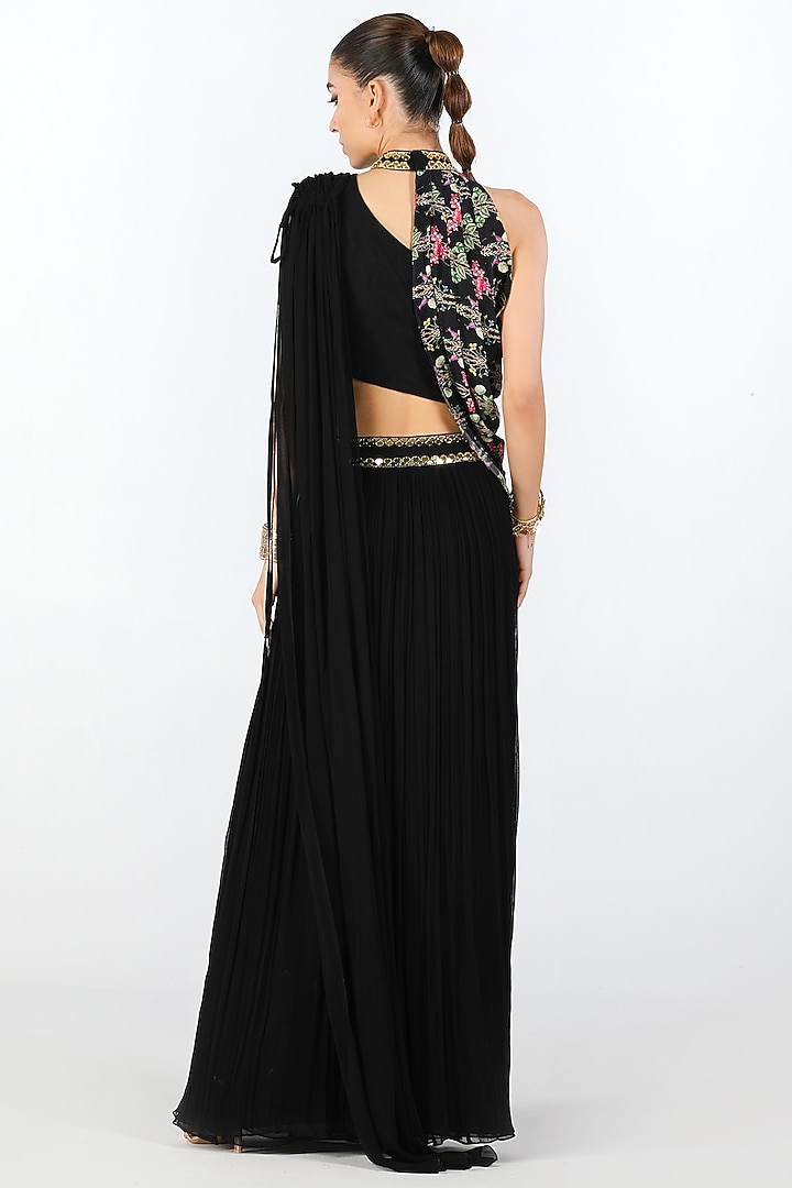 Black Georgette Hand Embroidered Pre-Draped Jacket Wedding Saree Set by Limerick By Abirr N' Nanki at Pernia's Pop Up Shop