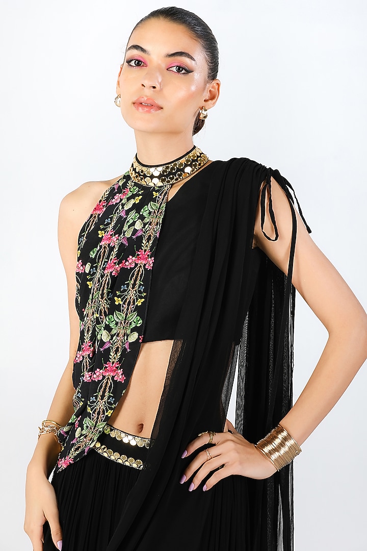 Black Georgette Hand Embroidered Pre-Draped Jacket Wedding Saree Set by Limerick By Abirr N' Nanki at Pernia's Pop Up Shop