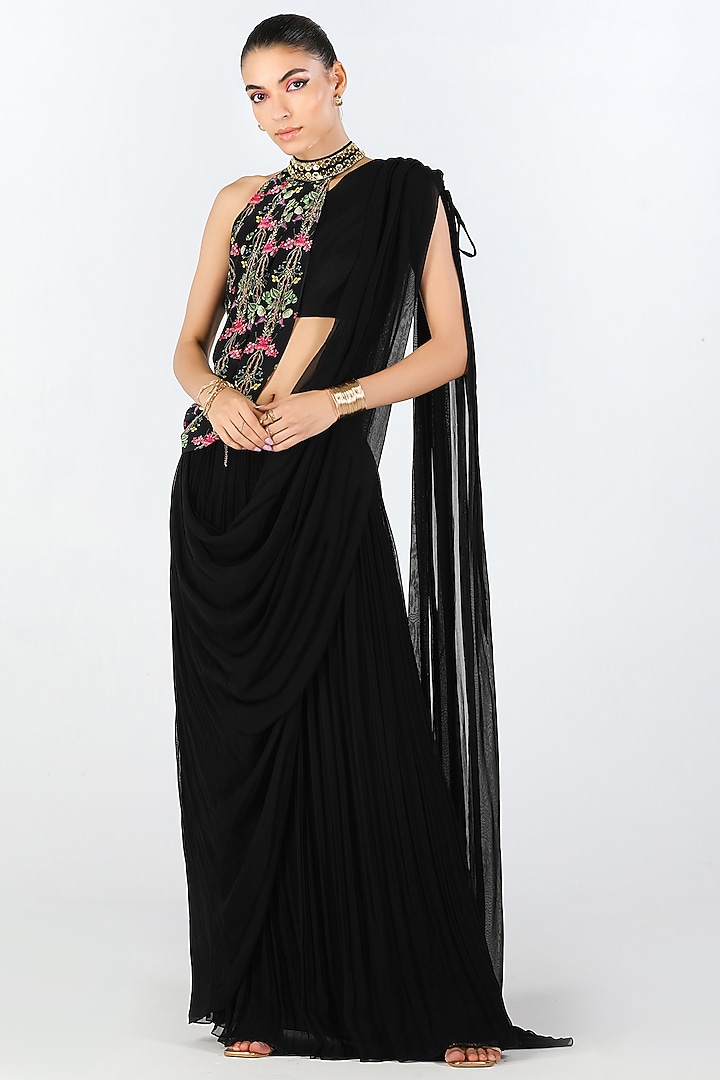 Black Georgette Hand Embroidered Pre-Draped Jacket Wedding Saree Set by Limerick By Abirr N' Nanki at Pernia's Pop Up Shop