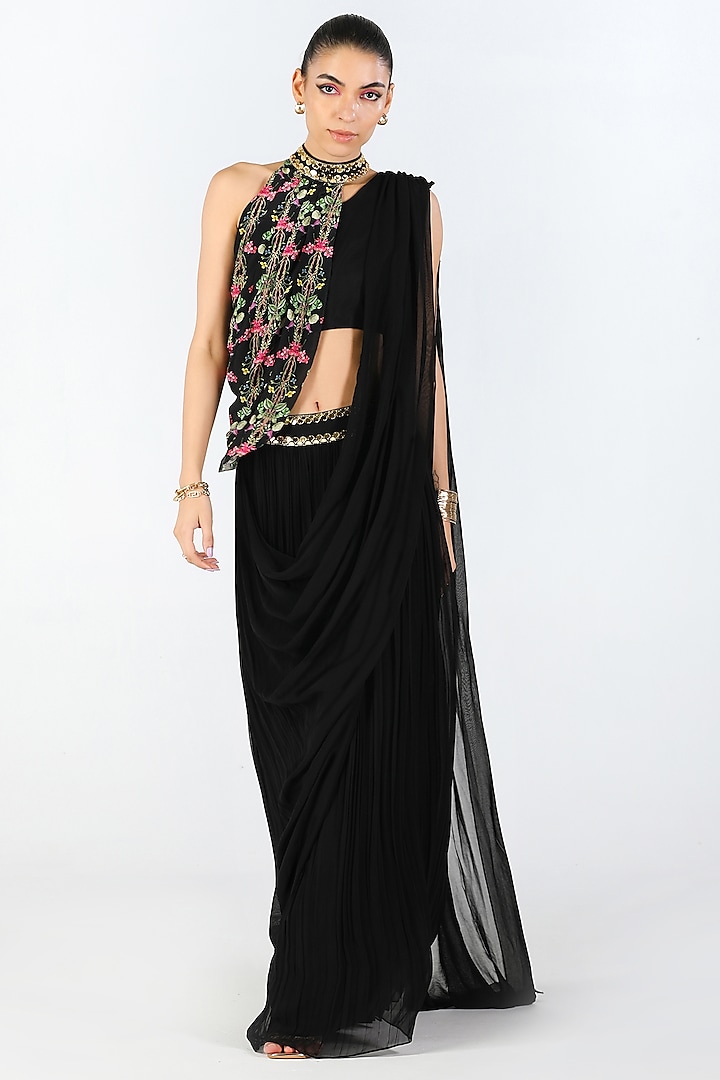 Black Georgette Hand Embroidered Pre-Draped Jacket Wedding Saree Set by Limerick By Abirr N' Nanki at Pernia's Pop Up Shop