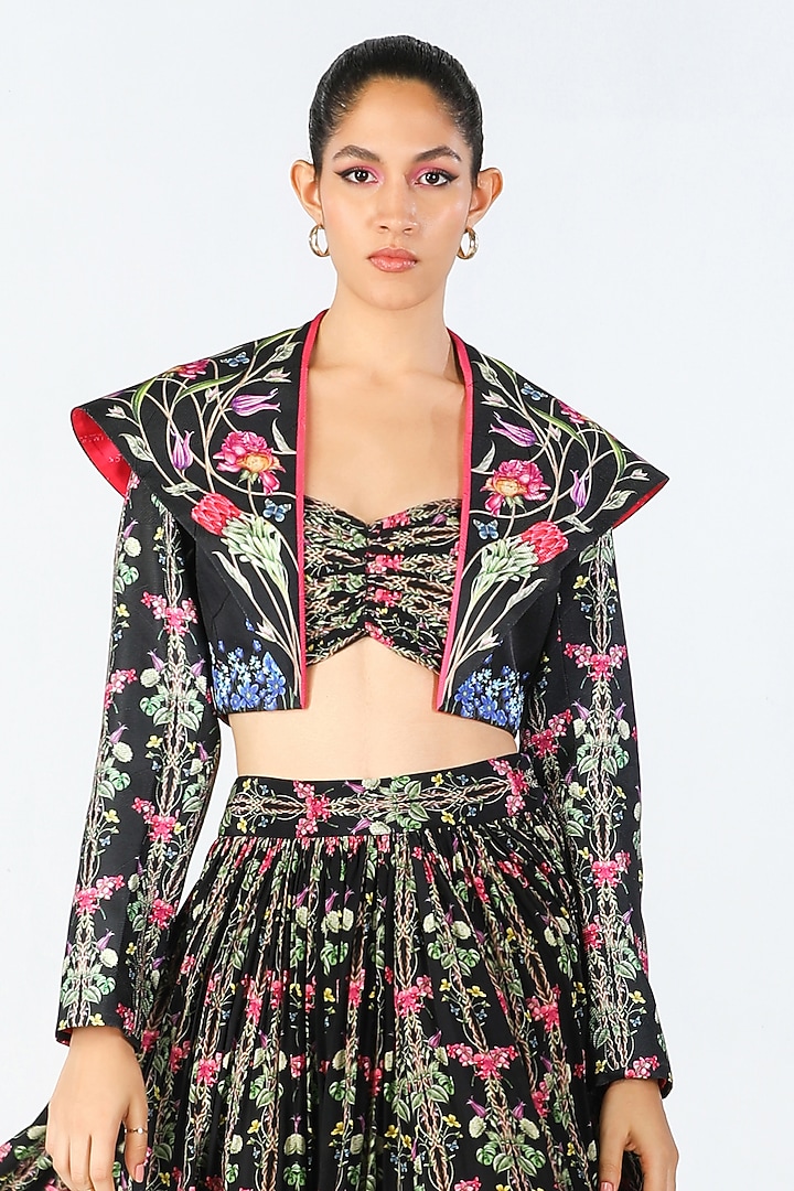 Black Crepe & Scallop Texture Satin Printed Jacket Set by Limerick By Abirr N' Nanki at Pernia's Pop Up Shop