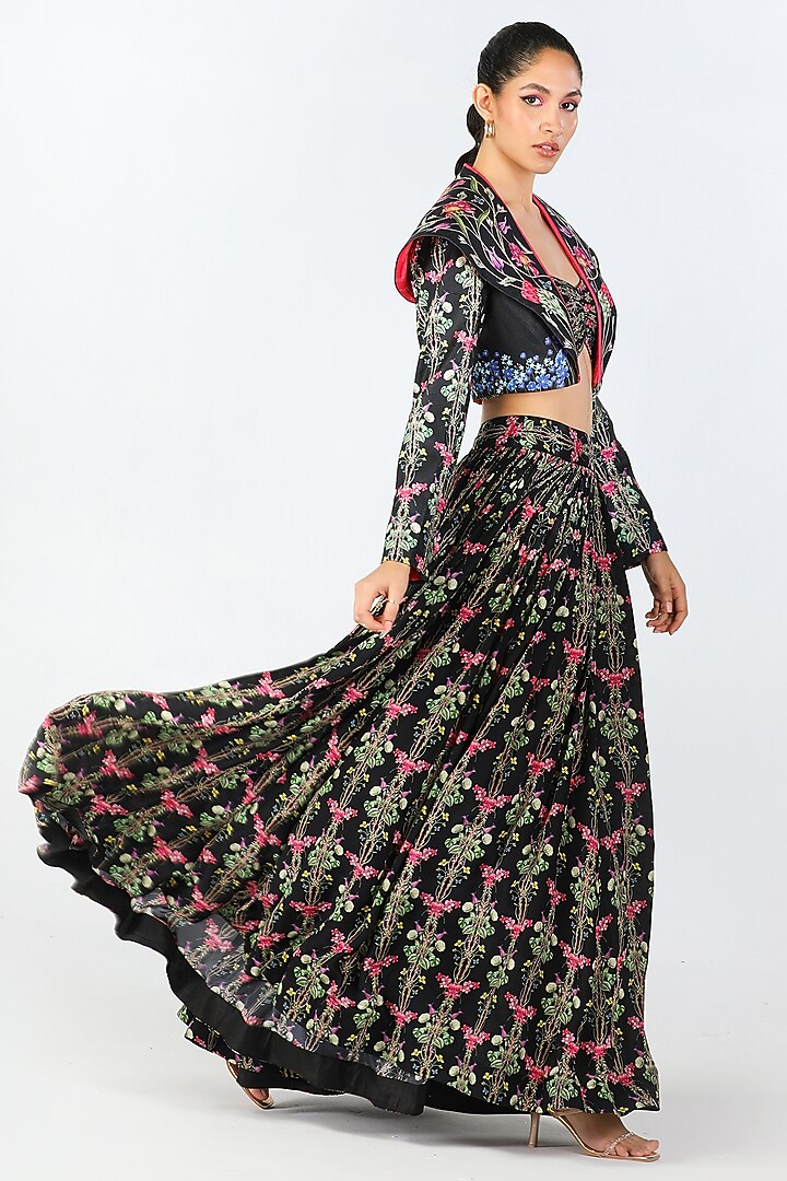 Black Crepe & Scallop Texture Satin Printed Jacket Set by Limerick By Abirr N' Nanki at Pernia's Pop Up Shop