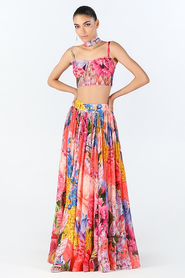 Multi-Colored Habutai Silk Printed Wedding Lehenga Set by Limerick By Abirr N' Nanki at Pernia's Pop Up Shop