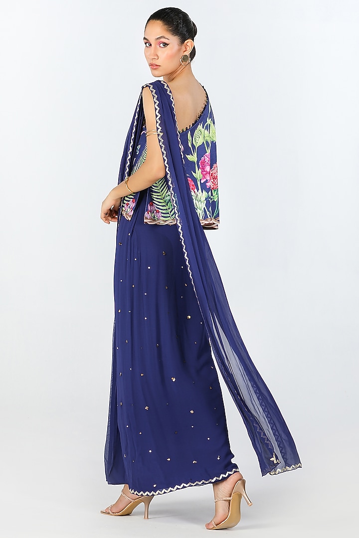 Royal Blue Georgette Sequins Hand Embroidered & Printed Party Wear Gown Saree by Limerick By Abirr N' Nanki at Pernia's Pop Up Shop