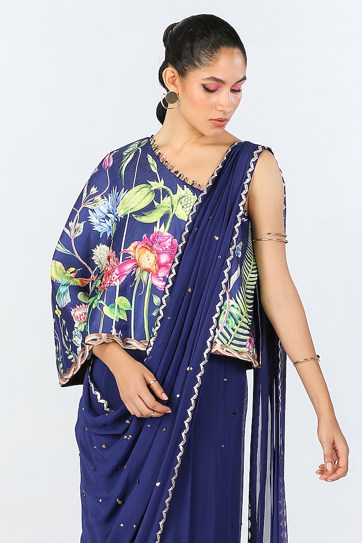 Royal Blue Georgette Sequins Hand Embroidered & Printed Party Wear Gown Saree by Limerick By Abirr N' Nanki at Pernia's Pop Up Shop