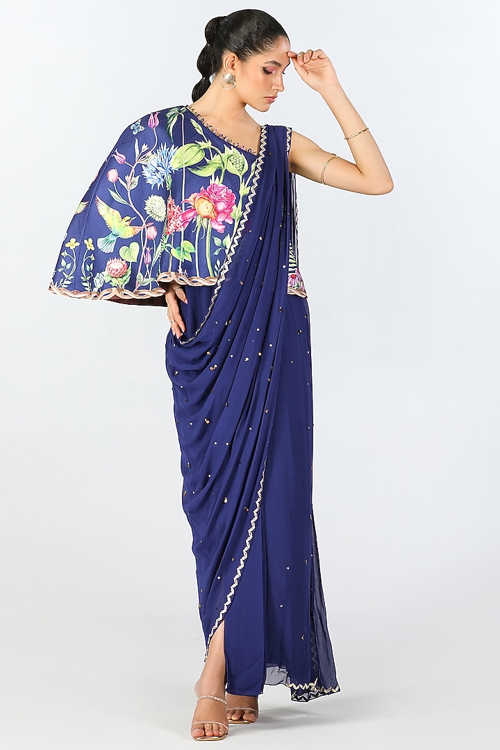 Royal Blue Georgette Sequins Hand Embroidered & Printed Party Wear Gown Saree by Limerick By Abirr N' Nanki at Pernia's Pop Up Shop