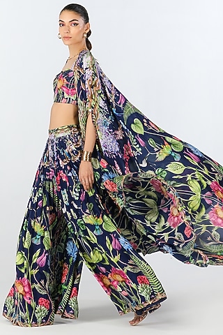 Multi-Colored Habutai Silk Printed Mirror Work Cape Set by Limerick By Abirr N' Nanki