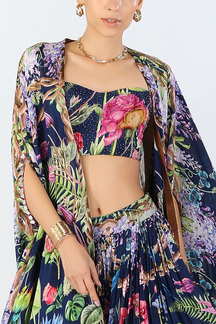 Multi-Colored Habutai Silk Printed Mirror Work Cape Set by Limerick By Abirr N' Nanki at Pernia's Pop Up Shop