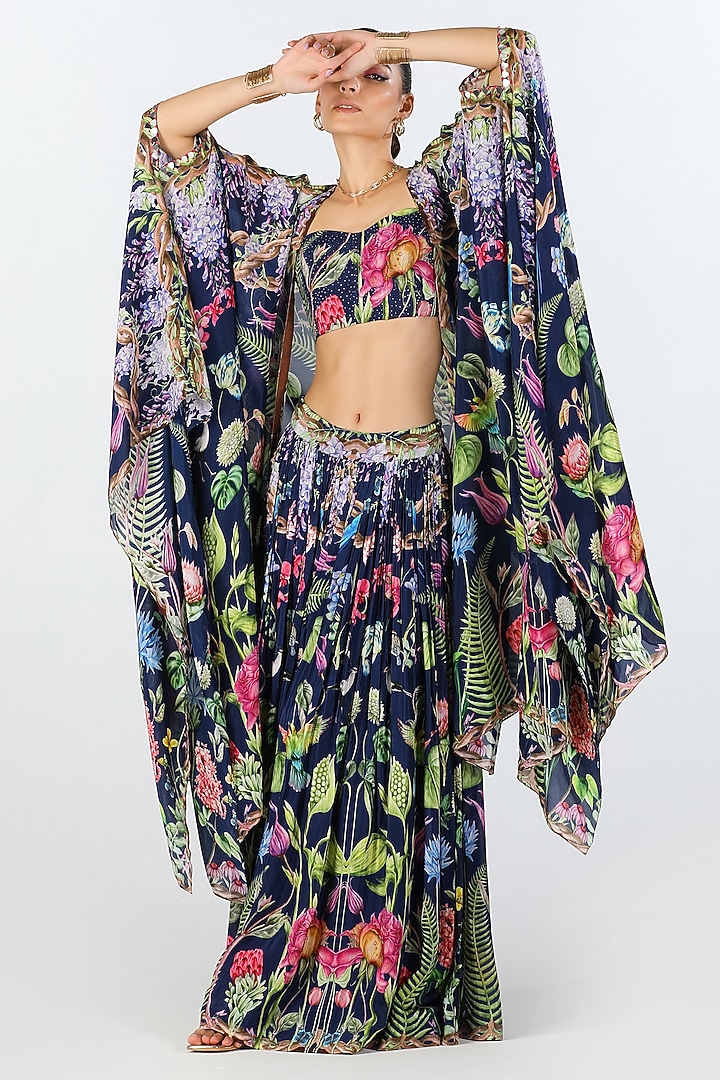 Multi-Colored Habutai Silk Printed Mirror Work Cape Set by Limerick By Abirr N' Nanki at Pernia's Pop Up Shop
