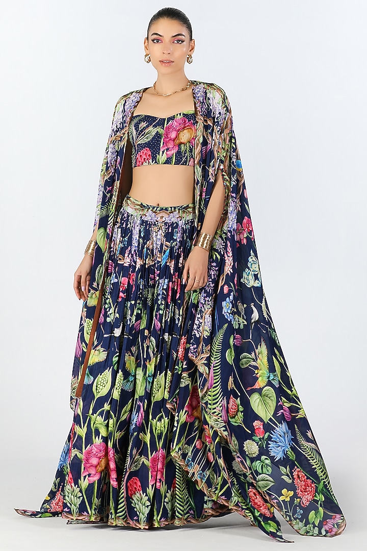 Multi-Colored Habutai Silk Printed Mirror Work Cape Set by Limerick By Abirr N' Nanki at Pernia's Pop Up Shop