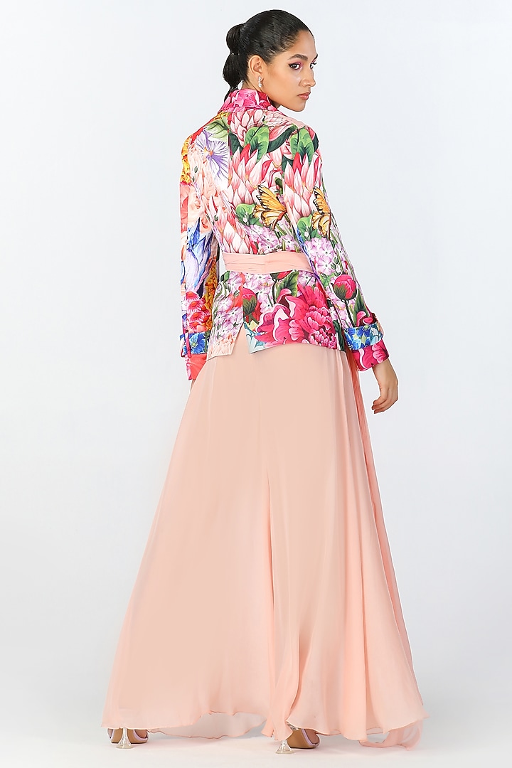 Blush Pink Georgette & Scallop Texture Satin Printed Draped Jacket by Limerick By Abirr N' Nanki at Pernia's Pop Up Shop