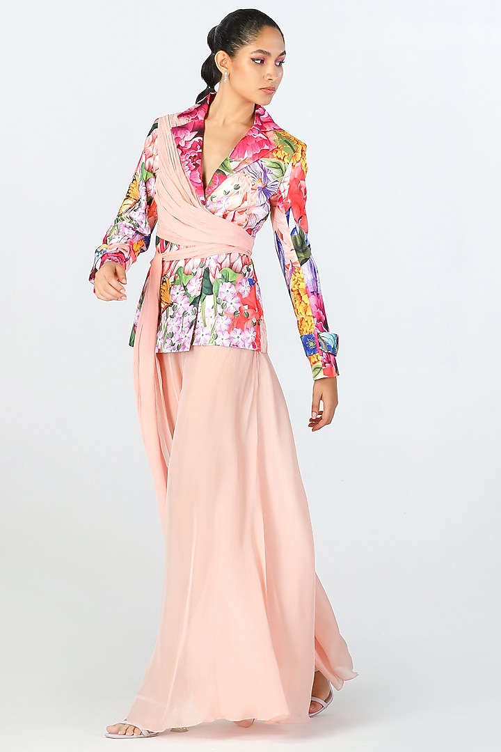 Blush Pink Georgette & Scallop Texture Satin Printed Draped Jacket by Limerick By Abirr N' Nanki at Pernia's Pop Up Shop