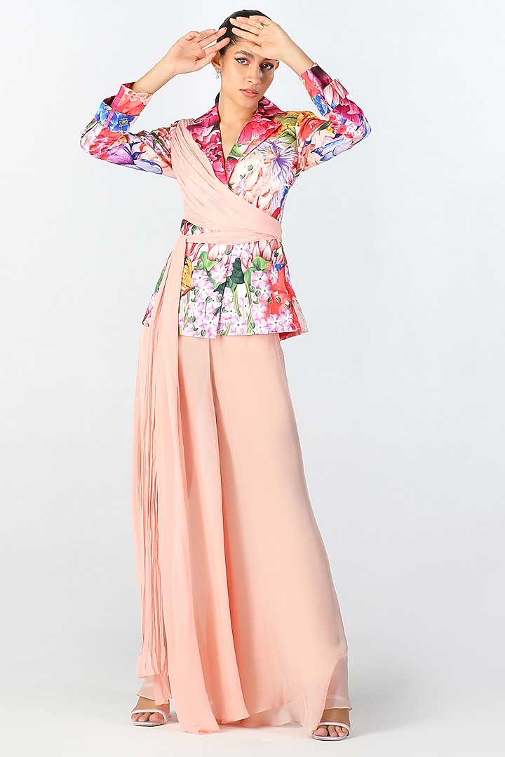 Blush Pink Georgette & Scallop Texture Satin Printed Draped Jacket by Limerick By Abirr N' Nanki at Pernia's Pop Up Shop