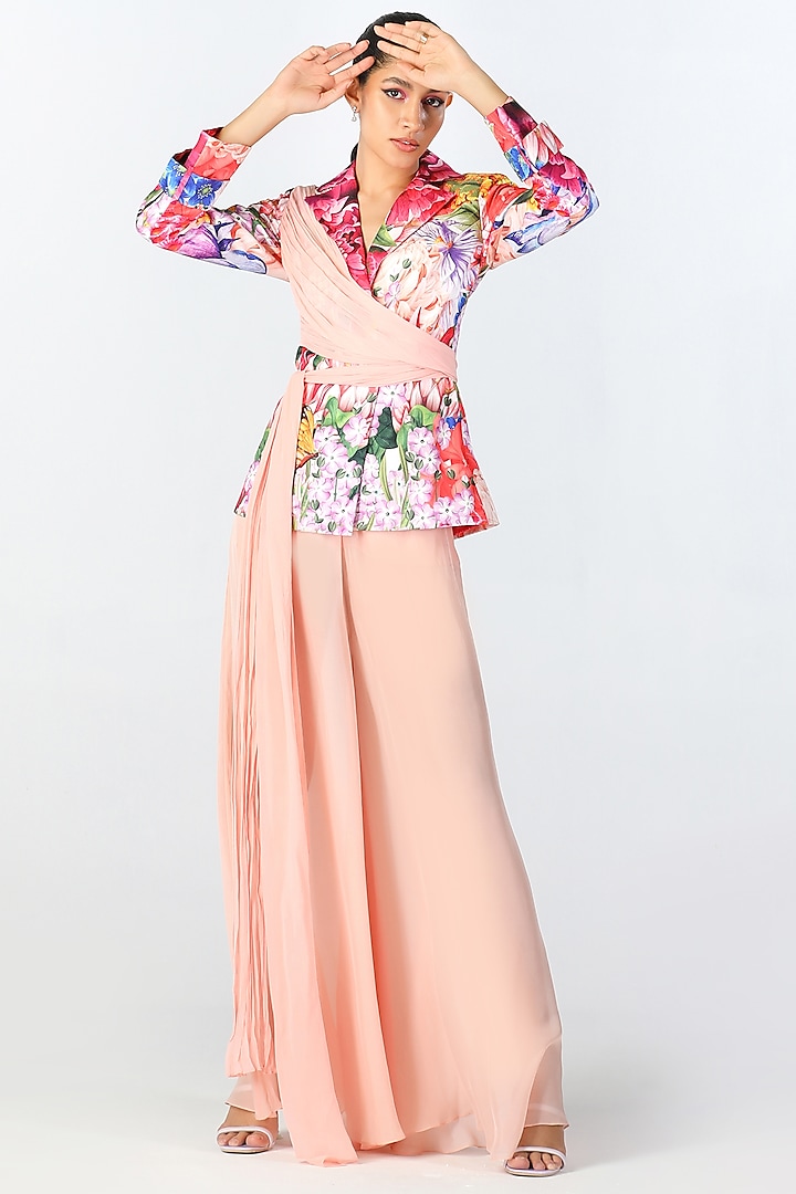 Blush Pink Georgette Flared Pants by Limerick By Abirr N' Nanki at Pernia's Pop Up Shop