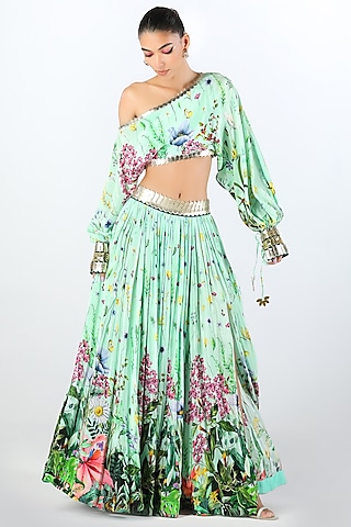 Aqua Crepe Embroidered & Printed Lehenga Set by Limerick By Abirr N' Nanki
