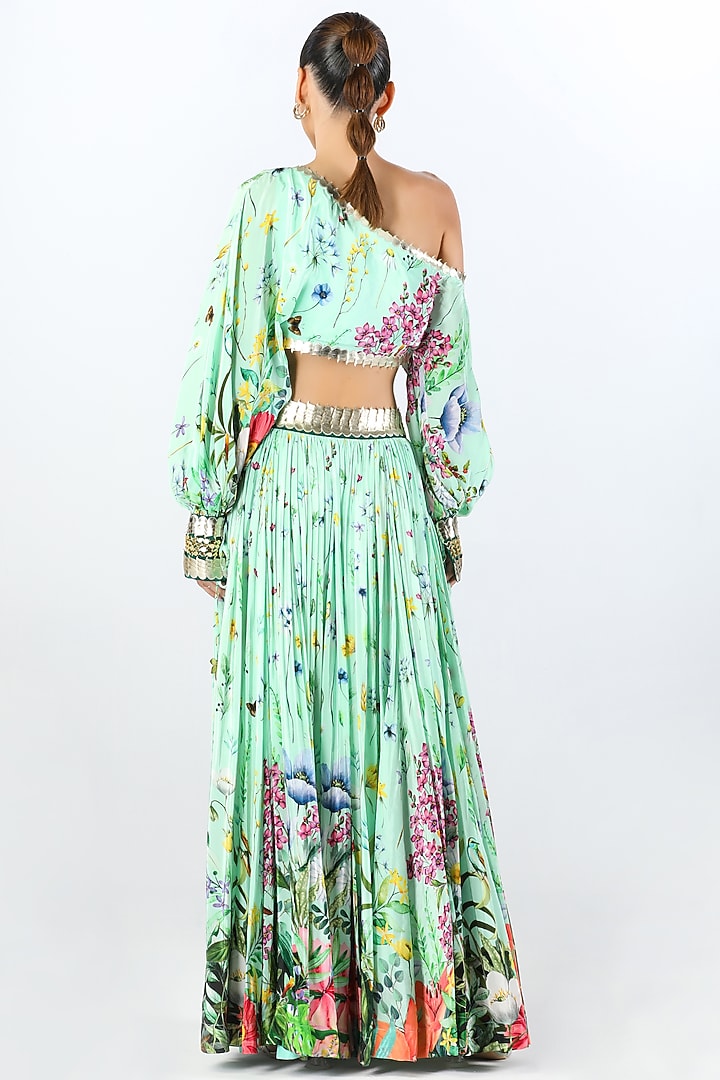 Aqua Crepe Embroidered & Printed Wedding Lehenga Set by Limerick By Abirr N' Nanki at Pernia's Pop Up Shop