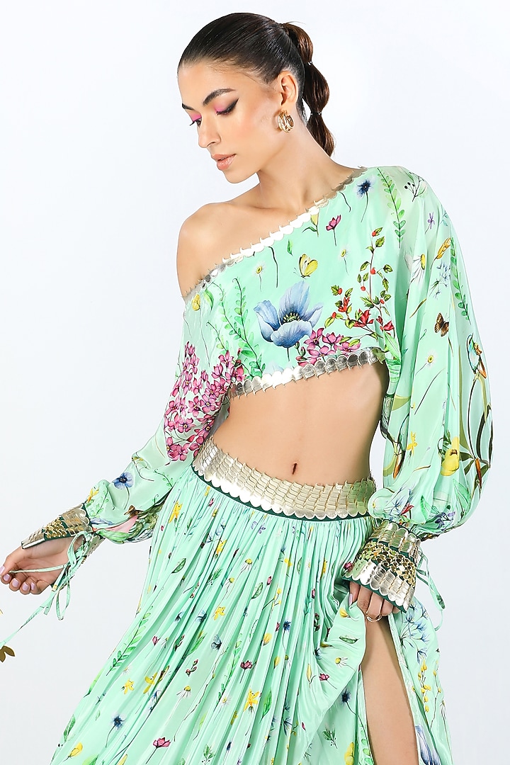 Aqua Crepe Embroidered & Printed Wedding Lehenga Set by Limerick By Abirr N' Nanki at Pernia's Pop Up Shop