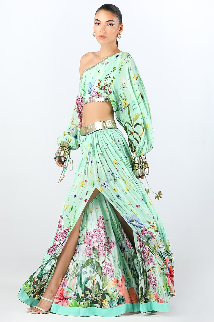 Aqua Crepe Embroidered & Printed Wedding Lehenga Set by Limerick By Abirr N' Nanki at Pernia's Pop Up Shop