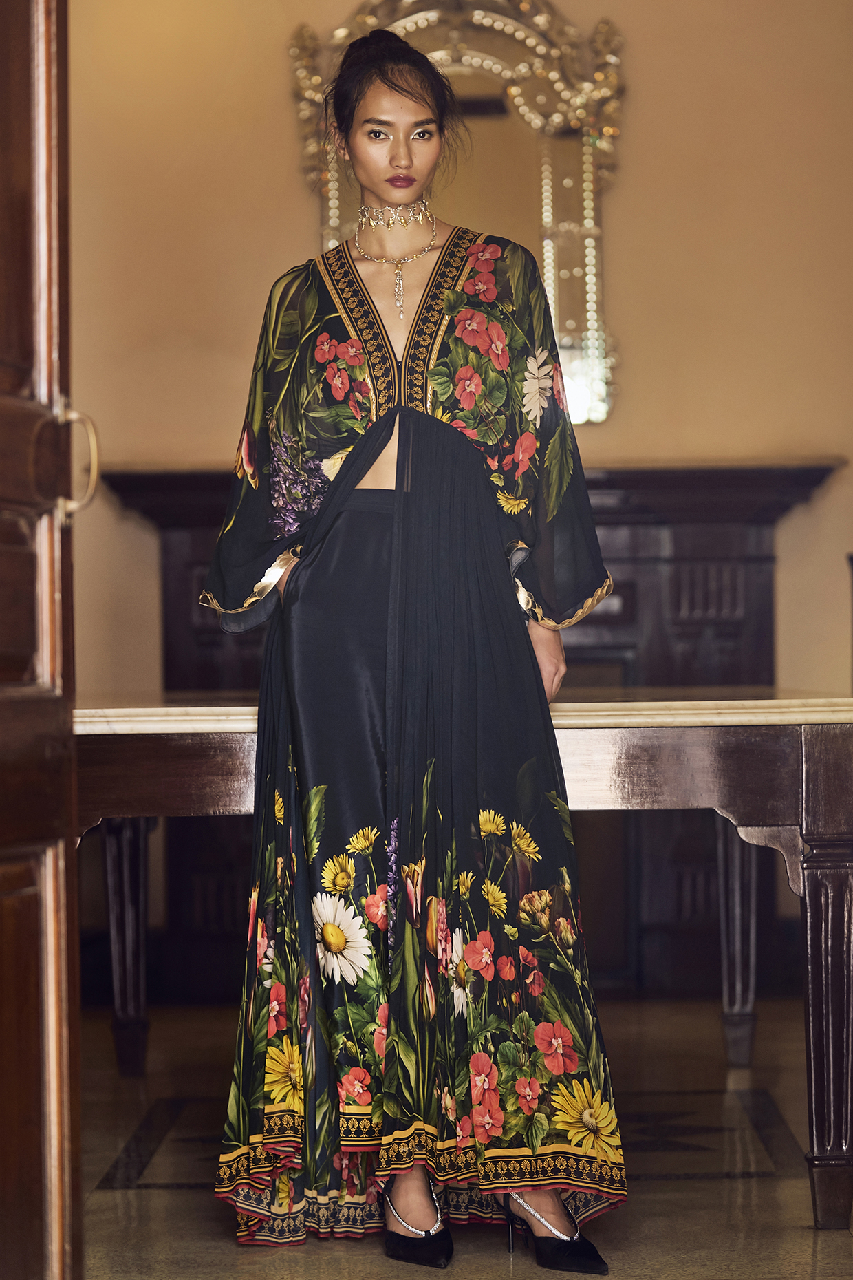 Black Georgette Hand Embroidered Draped Kurta Set by Limerick By Abirr N' Nanki at Pernia's Pop Up Shop