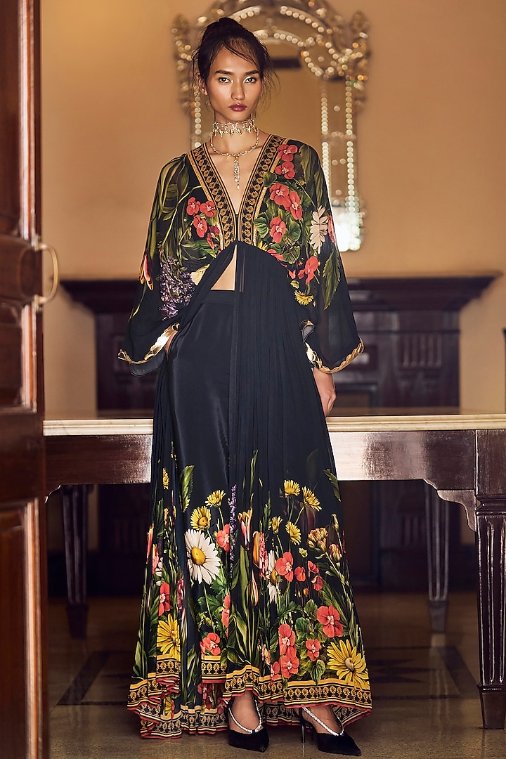 Black Georgette Hand Embroidered Draped Kurta Set by Limerick By Abirr N' Nanki at Pernia's Pop Up Shop