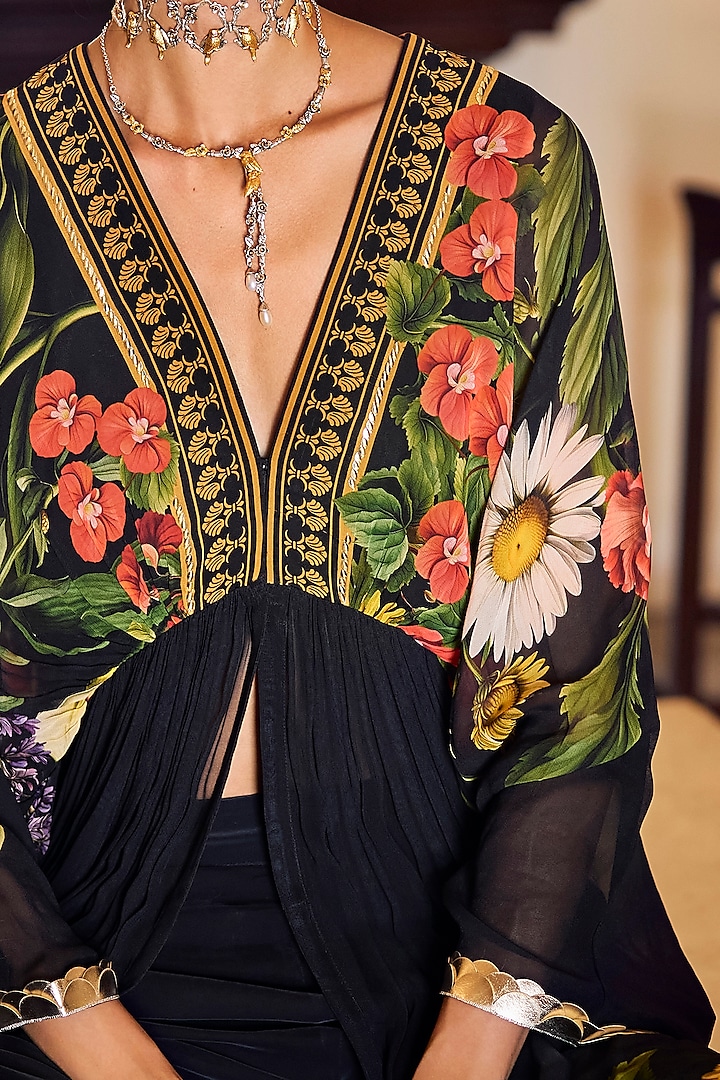 Black Georgette Hand Embroidered Draped Kurta Set by Limerick By Abirr N' Nanki at Pernia's Pop Up Shop